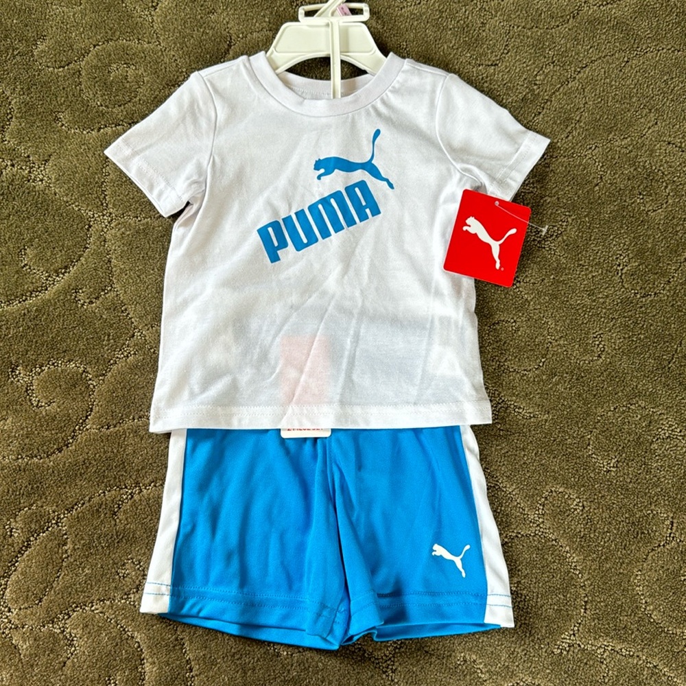 Puma 2 Piece White and Blue Jersey Short Sleeve Tee and Shorts Set